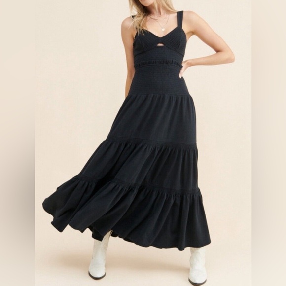 Anthropologie Dresses & Skirts - Anthropologie Ruched Tiered Maxi Dress, XL, Black Smocked, Stretchy, Cottagecore